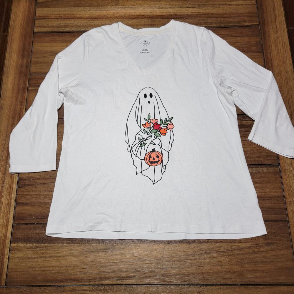 St. John's Bay LS V-Neck Tee Ghost w/ Bouquet - Size Large